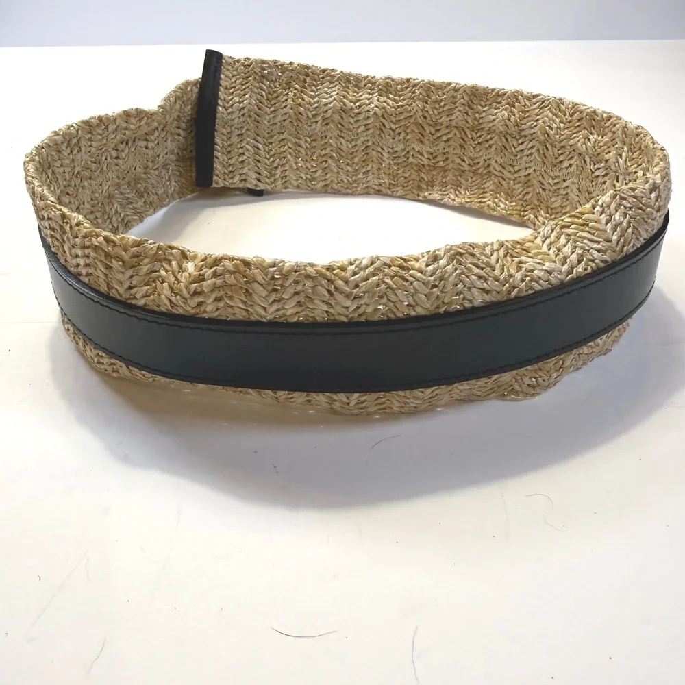 Unbranded Wide Woven Straw Raffia Leather Waist Belt Black Tan Brass Buckle 3in